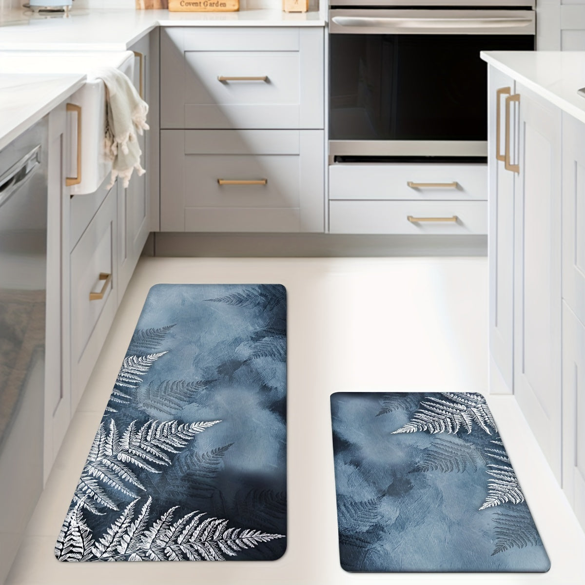 Set of 2 printed kitchen rugs and mats that are thickened, non-slip, and machine washable. These absorbent floor mats are made of top-quality polyester soft carpet, making them family and pet friendly. Perfect for use in the bedroom, laundry room