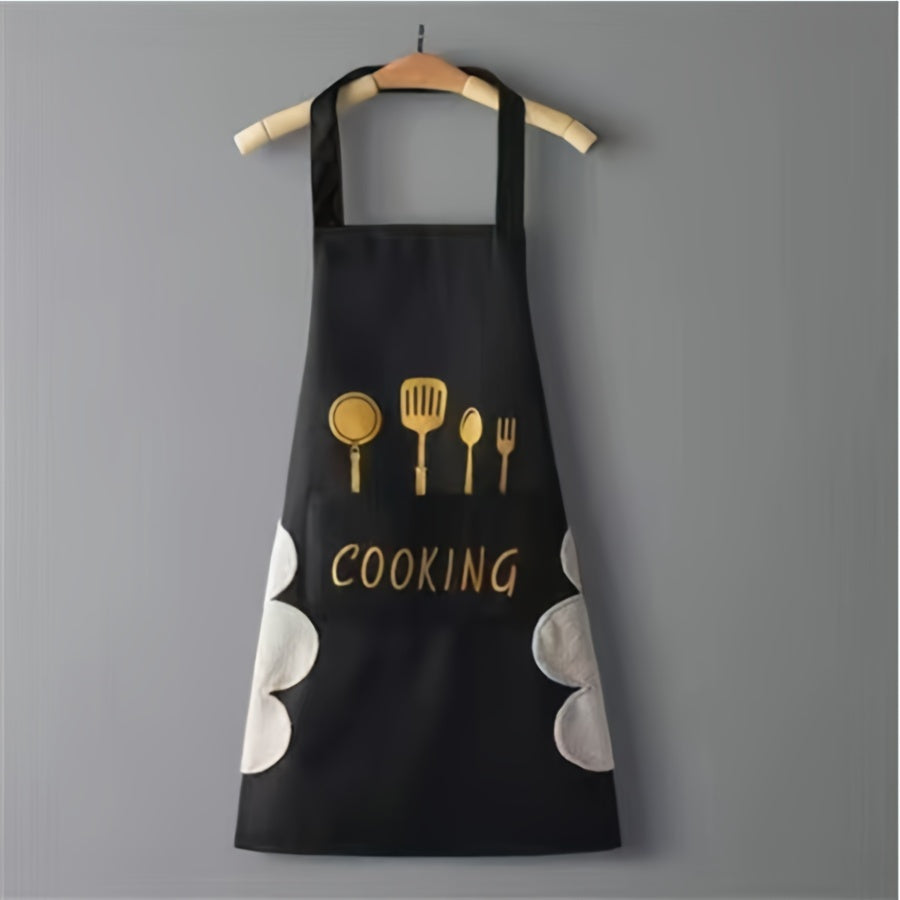 Black and white PVC aprons with cooking utensil design, Korean style with hand-wiping feature for home and restaurant use. Ideal culinary attire.