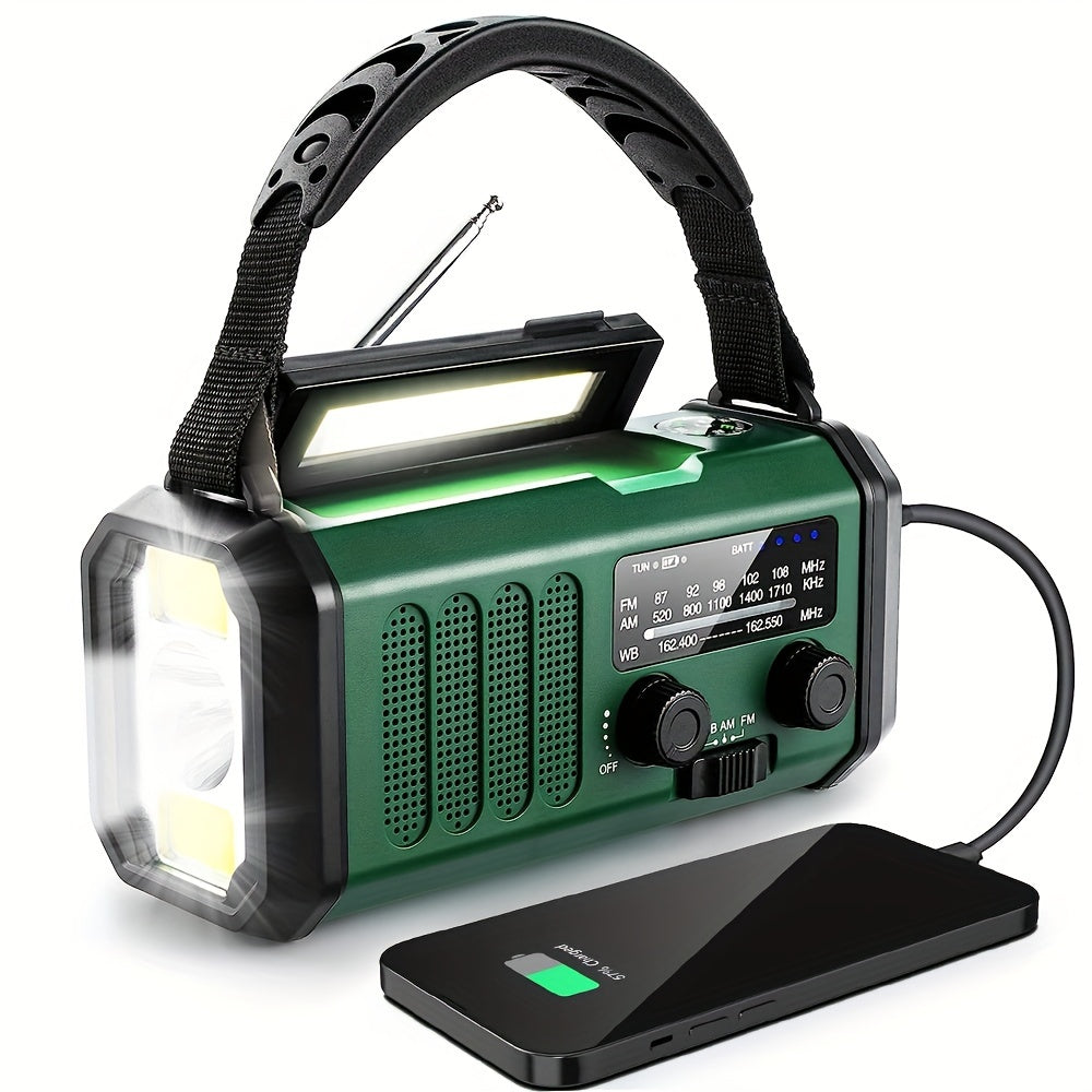 10000mAh Emergency Radio: Solar-powered, hand crank, NOAA AM/FM weather radio with flashlight, SOS alarm and phone charger.