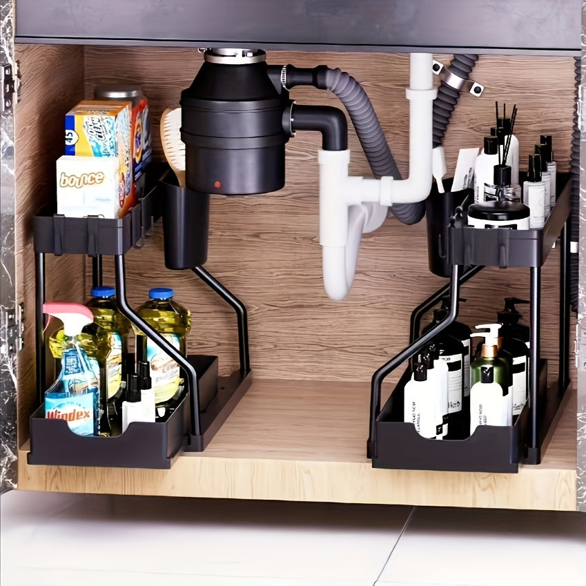 Organize your kitchen with the 2-Tier Black Sliding Under Sink Storage Rack, perfect for storing seasonings and essentials. This multi-purpose cabinet drawer can also be used in the bathroom or kitchen for additional storage space.