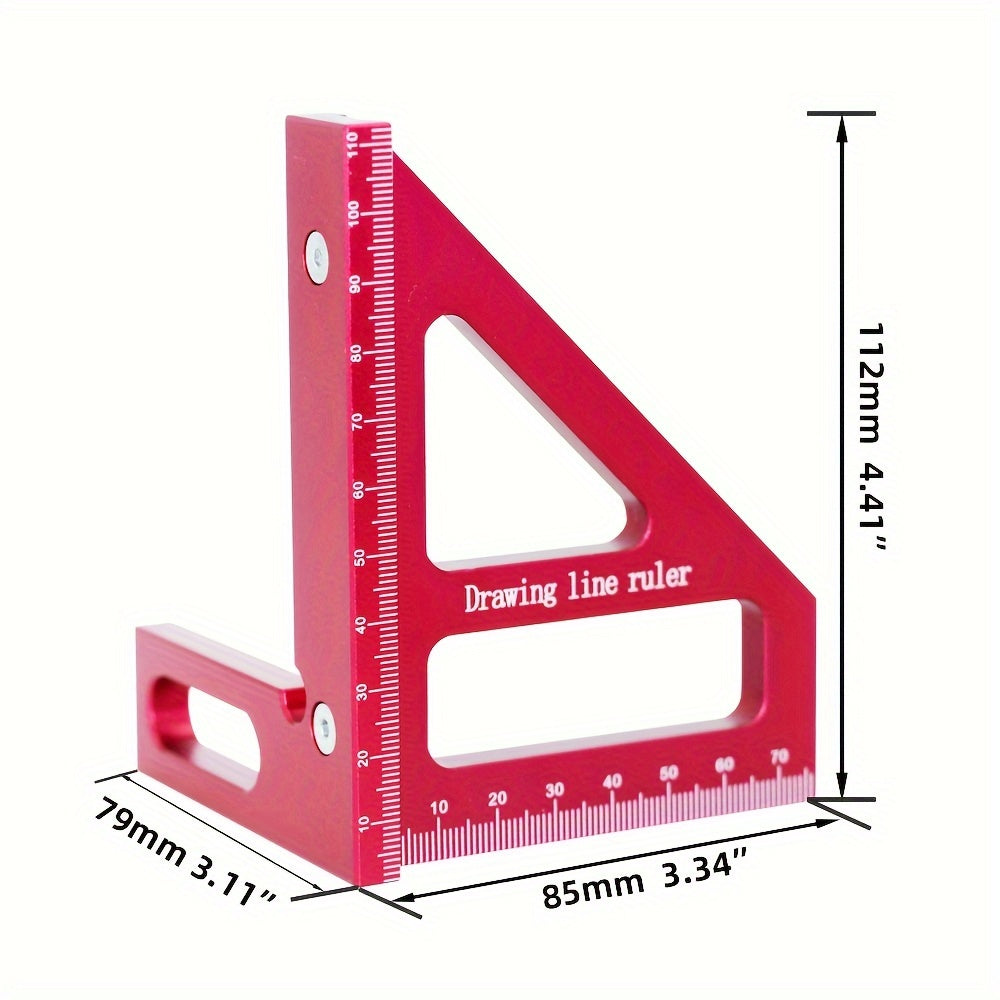 Aluminum woodworking square ruler for carpentry and DIY projects, measuring 45 and 90 degree angles.