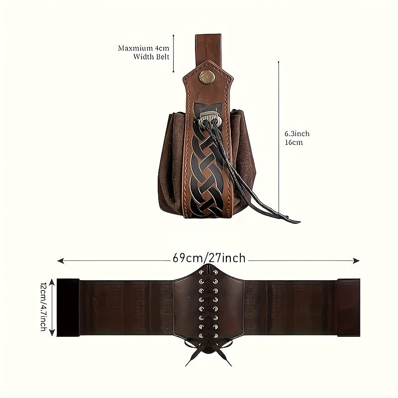 Medieval Renaissance Viking Dress Up Set with Steampunk PU Leather Waist Guard, Belt, Drawstring Pouch, and Clip. Perfect for Halloween Cosplay, LARP Parties, Stage Performances, and Costume Photo Props.