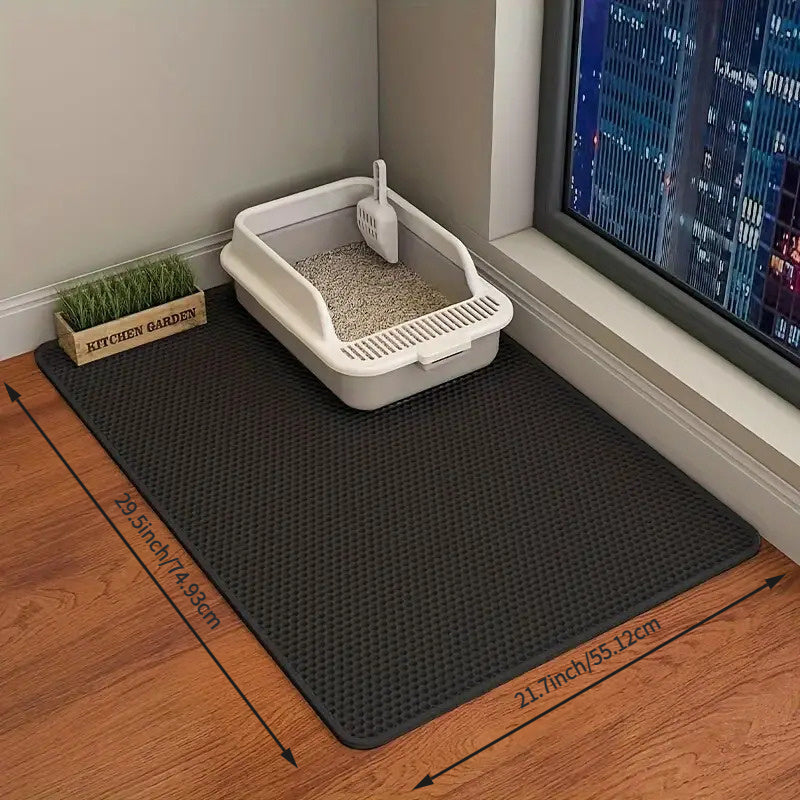 Double-layer cat litter mat with anti-scattering design, raised edges, and hexagonal grip surface. Easy to clean and fits all litter boxes.