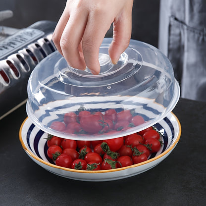 Microwave-safe round plastic bowl cover preserves freshness and prevents splashes.