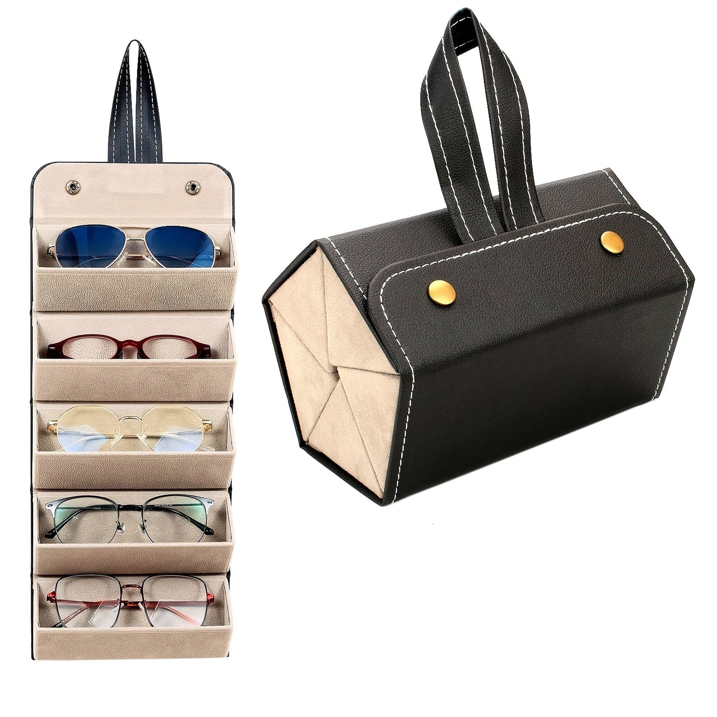 A compact storage solution for your glasses, this Portable Glasses Storage Box features 3/5 slots for organizing and displaying your eyewear. Perfect for travel, the folding design makes it easy to take along your sunglasses, while the PU leather