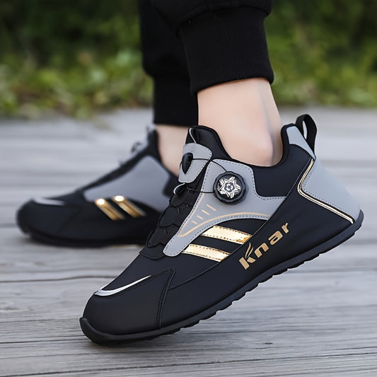 Zhenyuezu Men's Athletic Sneakers feature a twist buckle closure, EVA insole, and stylish blue accents for versatile and durable wear in all seasons, perfect for casual or sporty activities.