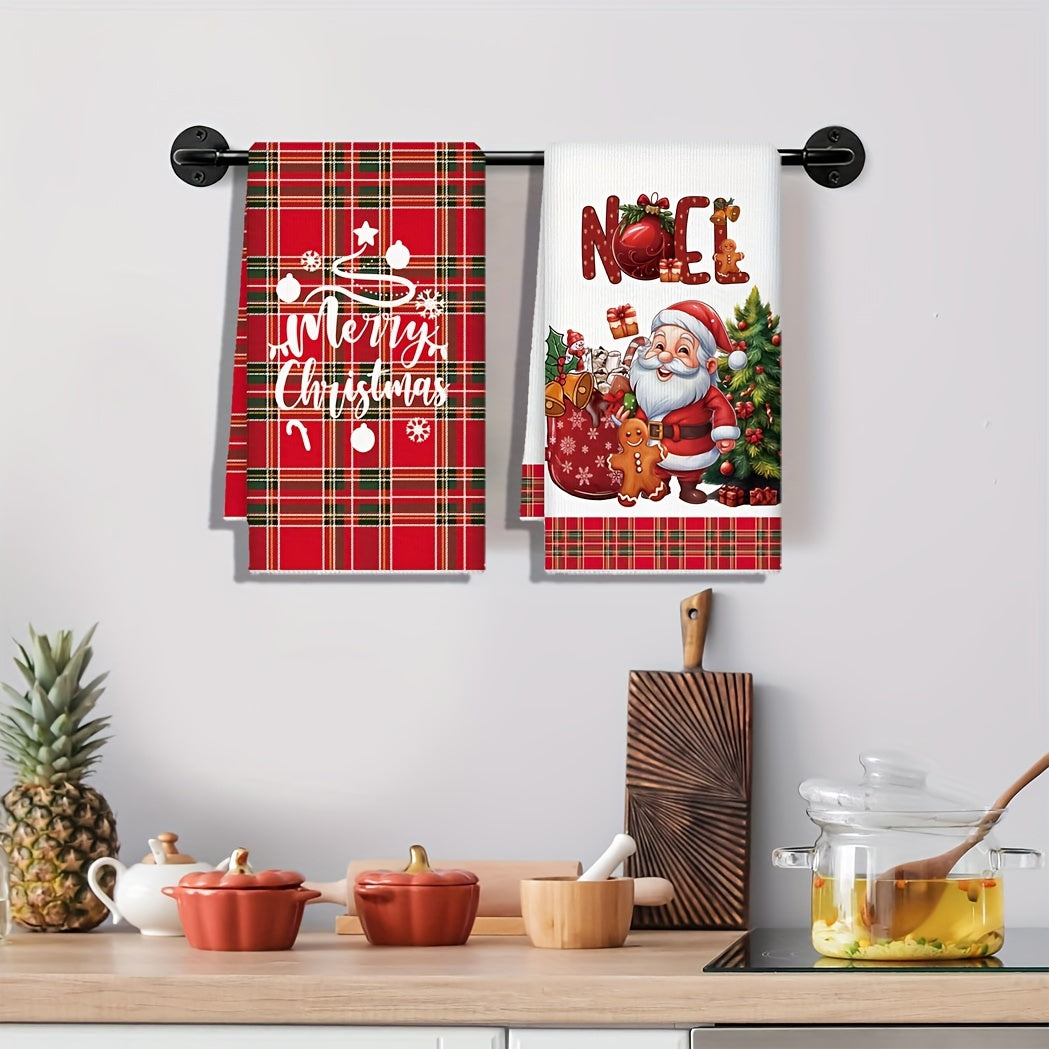 Set of 2 Christmas kitchen towels with Santa and gingerbread design. Made of quick-dry microfiber, featuring red plaid Merry Christmas pattern. Perfect for cooking, baking, and housewarming gifts. Size: 69.85x44.96 cm.