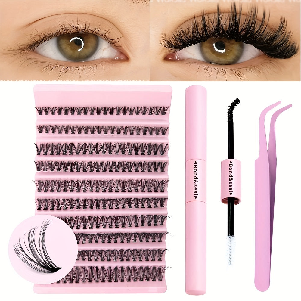 DIY Eyelash Extension Kit includes glue, tweezers and a variety of slim fluffy lashes in different lengths and curls.