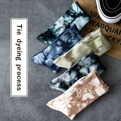 Three pairs of tie dyed men's socks with a trendy design, suitable for street skateboarding and hip-hop style, great for couples or sports.