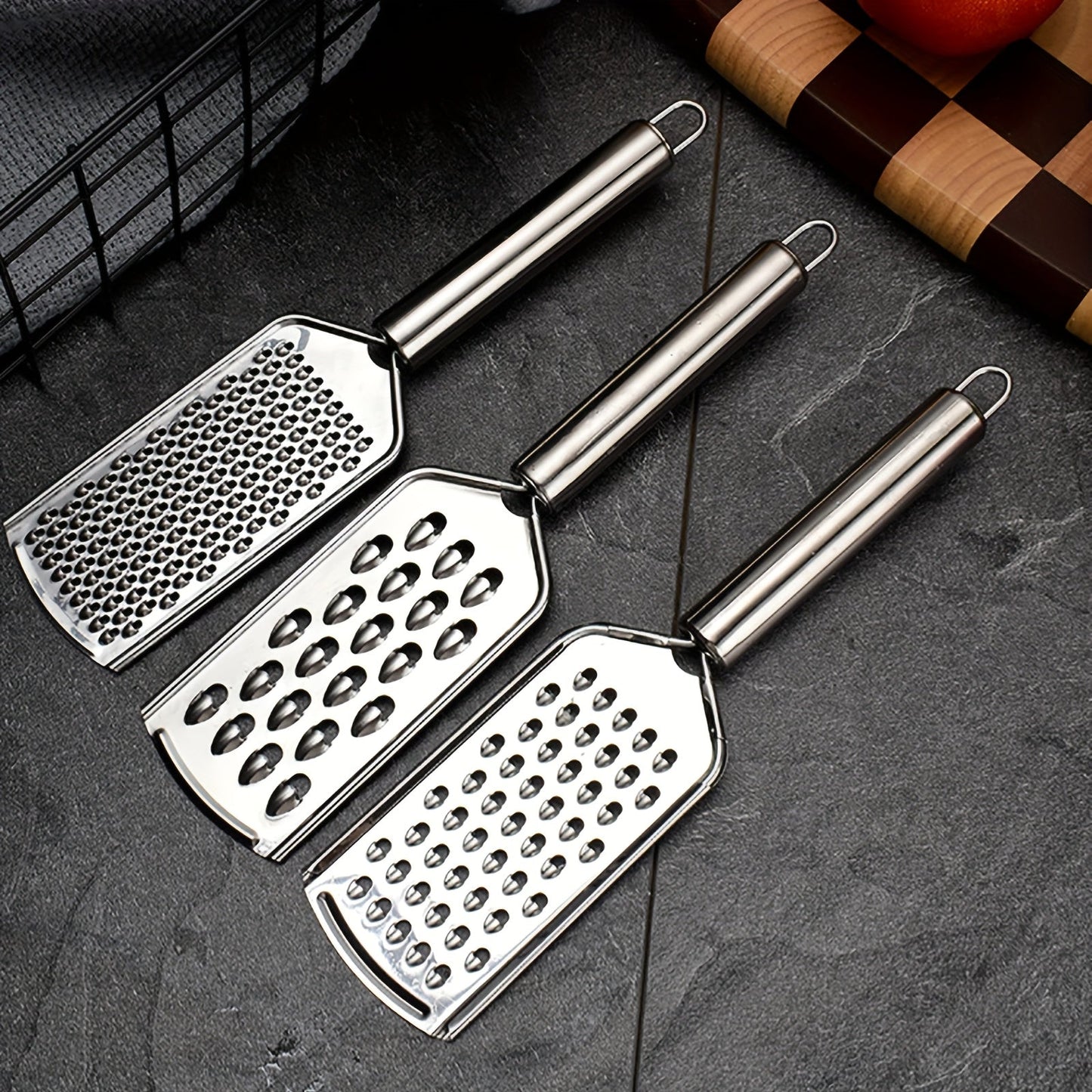 Set of 3 Stainless Steel Kitchen Graters, Versatile Cheese Shredders with Different Hole Sizes, Sturdy Handheld Cheese Slicers for Grating Vegetables and Hard Cheese