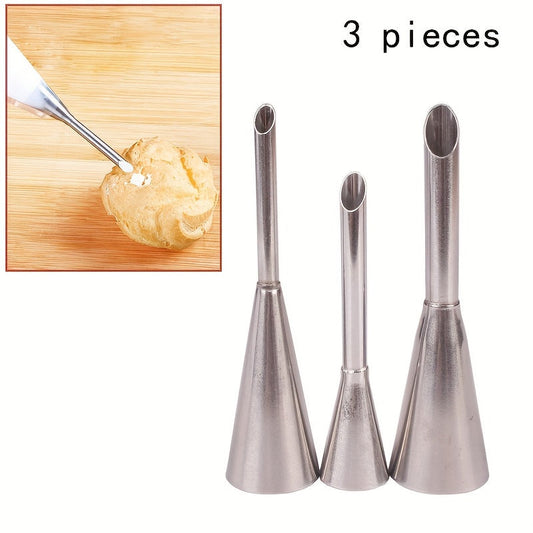 Set of 3 stainless steel icing piping nozzles, perfect for filling cream puffs and decorating pastry cakes. A must-have tool for cake decorating.