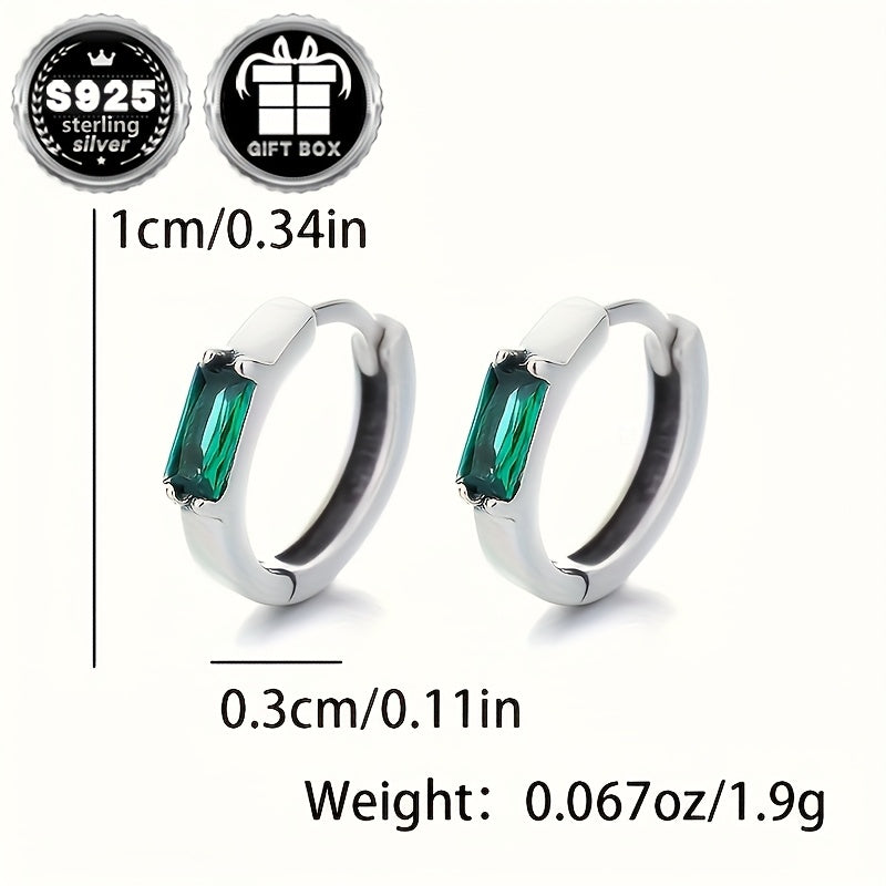 Stylish and versatile unisex earrings made of 2 pieces of sterling silver with low sensitivity. Featuring simple inlaid small square green zirconia for an elegant touch. Approximately weighing 1.9g.