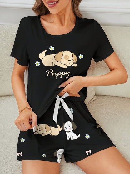 Women's Puppy Print Pajama Set. Cute cartoon design with short sleeve top and shorts for a comfortable fit.