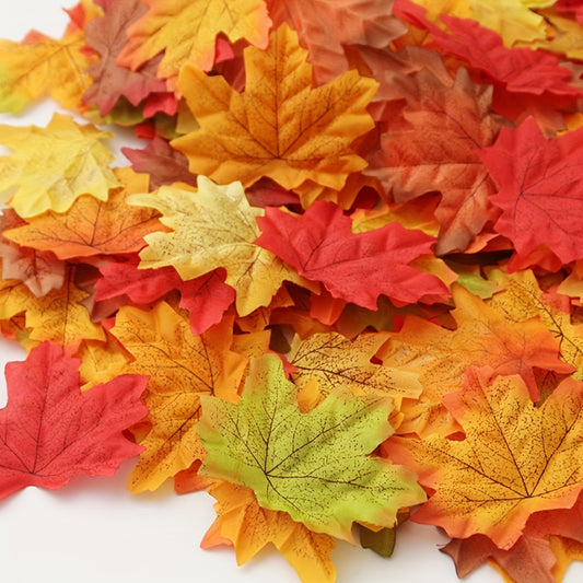 100 artificial maple leaves for Halloween, Thanksgiving, and autumn weddings, ideal for versatile table decor in mixed colors.