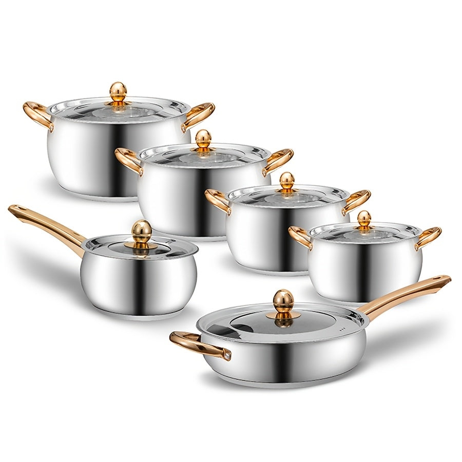 This set includes 12 pieces of stainless steel cookware, perfect for home, restaurant, dorm, or camping use. The versatile large capacity pots and pans come with lids for even heat distribution and easy cleaning. The set includes 4 saucepans, 1 skillet