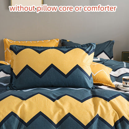 4-piece duvet cover set with wave pattern print. Includes duvet cover, flat sheet, and 2 pillowcases. Soft and comfortable for all seasons. Perfect for bedrooms or guest rooms.