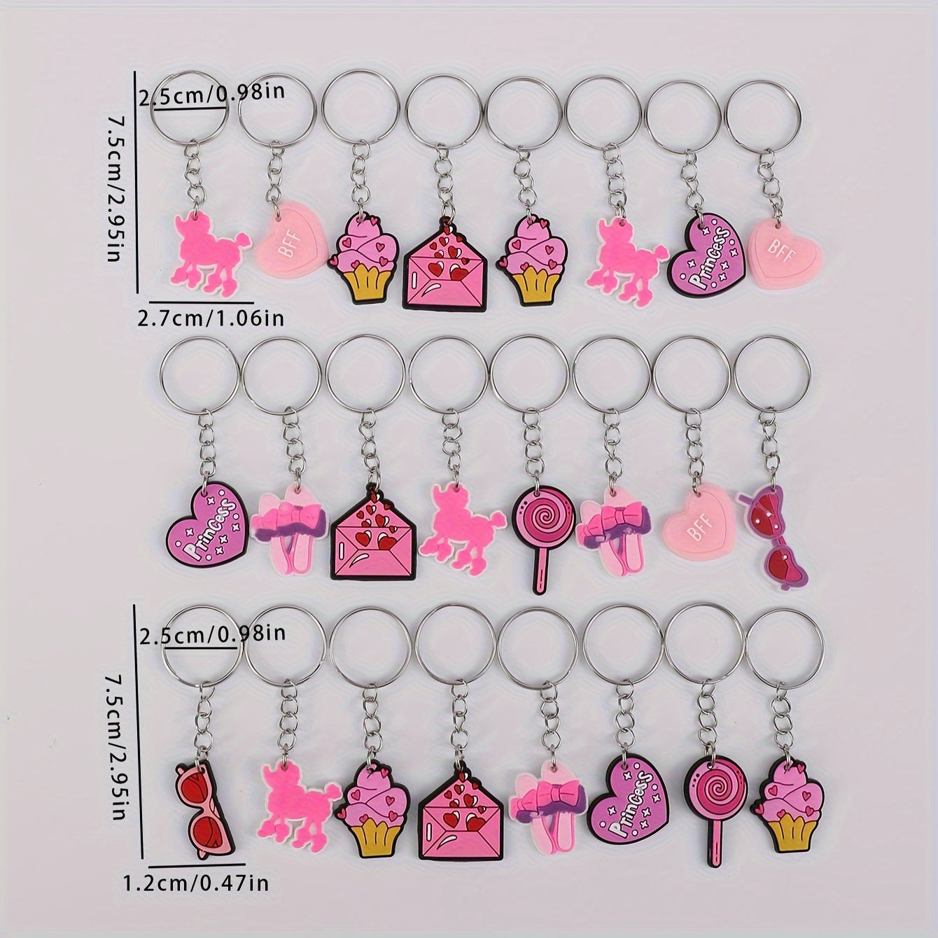 Stylish Pink PVC Keychain Set - Variety of Adorable Cartoon Charms featuring Hearts, Poodles, Ice Cream & Lollipops - Ideal Present for ladies and young girls