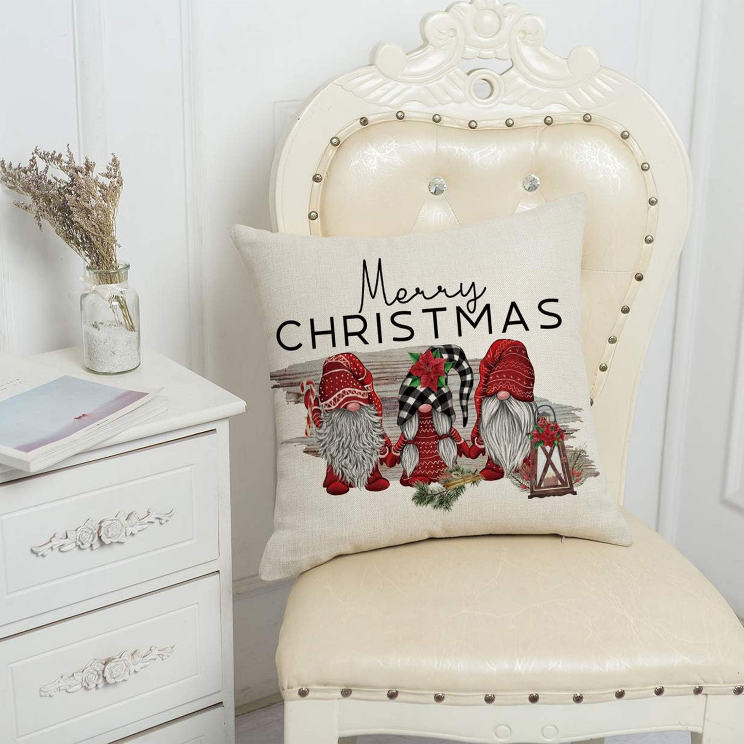 1 piece of Merry Christmas Gnome Decorative Throw Pillow Cover available in sizes 16x16, 18x18, or 50.8x50.8 cm. This Square Linen Red Gnomes Farmhouse Decor Christmas Cushion Pillow Case comes with a Hidden Zipper, perfect for use on your Sofa, Kitchen