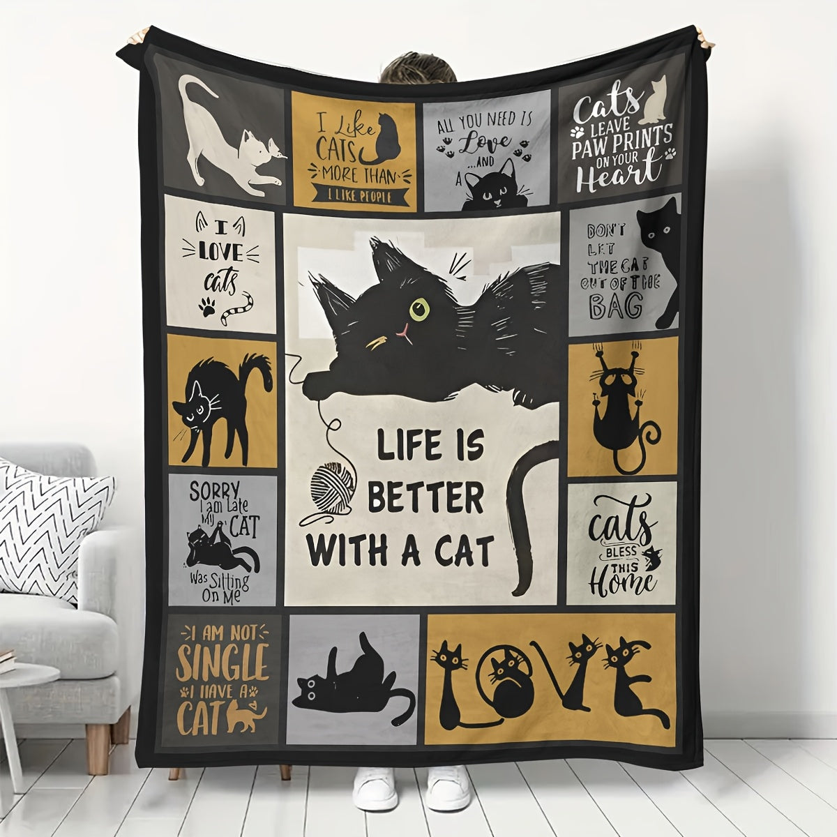 Contemporary Cat-Themed Flannel Fleece Blanket: This stain-resistant, all-season knit fabric throw features geometric animal patterns and digital print designs. Perfect for adding a touch of fun to your sofa or bed decor.