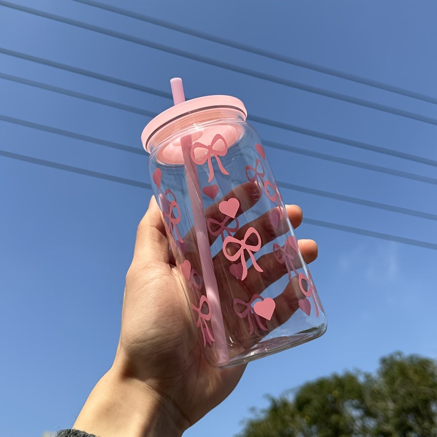 16oz Pink Bowknot Travel Mug with Straw & Lid - Perfect Gift for Valentine's Day and Mother's Day, BPA-Free Plastic