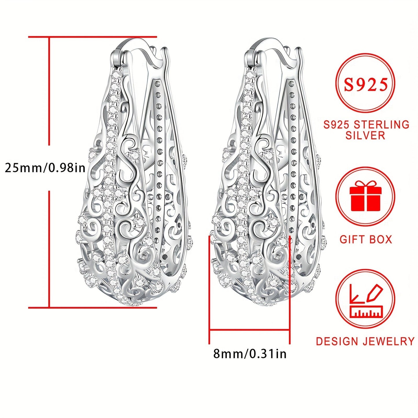 Pair of large earrings weighing approximately 3.4g with 925 pure Silver, boasting a low allergy level. These elegant earrings feature a female Zirconia flower pattern, electroplated with luxurious 18K Gold. A fashionable and exquisite piece of jewelry