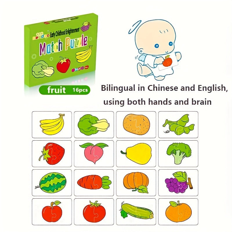 Animal and fruit-themed matching puzzle cards, perfect for kids to develop cognitive skills. Ideal for toddlers and great as party favors or gifts for birthdays, baby showers, and holidays. Suitable for ages 0-3.