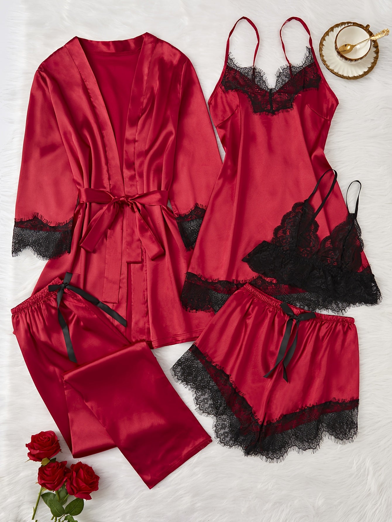 5-piece elegant teen pajama set with satin V-neck top, lace detail, shorts, pants, and robe. Made of 96.5% polyester and 3.5% elastane for all-season comfort. 120gsm.