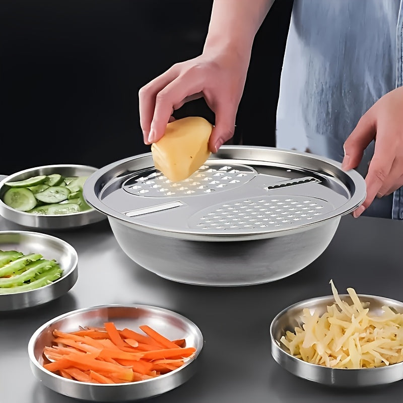 Stainless Steel Kitchen Set with 3 Pieces: Versatile Slicer, Grater & Strainer Set with Drain Basket - Comes with Potato Peeler & Carrot Shredder - Strong Metal Rice Washing Bowl for Cooking and Food Preparation