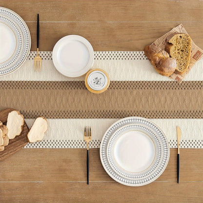 Bohemian crochet table runner with tassel in cream and brown. Perfect for weddings, parties, and home decor. Suitable for Christmas.