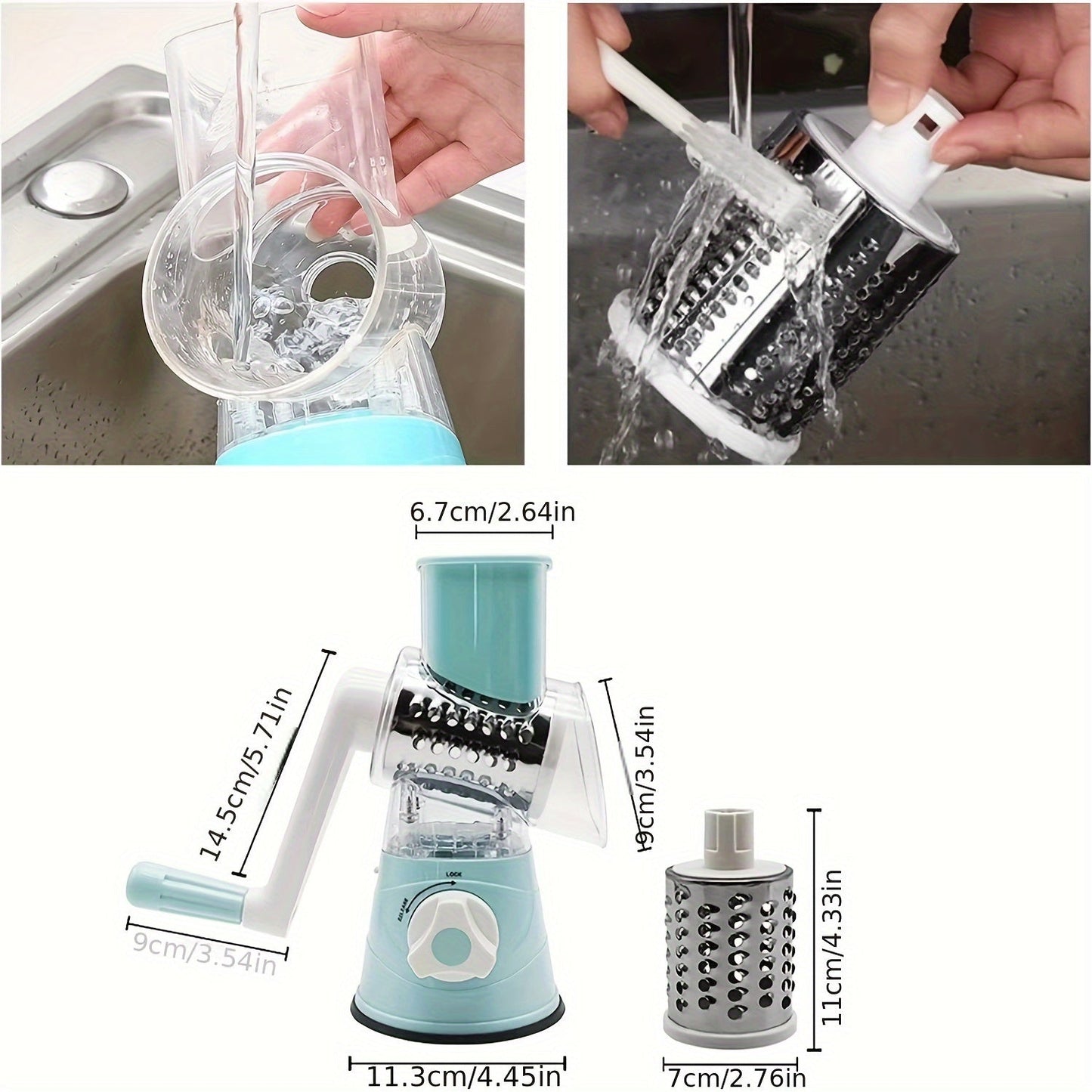 Rotary Drum Vegetable Cutter with Multiple Blades for Cutting, Grating, Peeling, Shredding, Slicing, Dicing Vegetables and Fruits. Made from Plastic, a Handy Kitchen Tool.