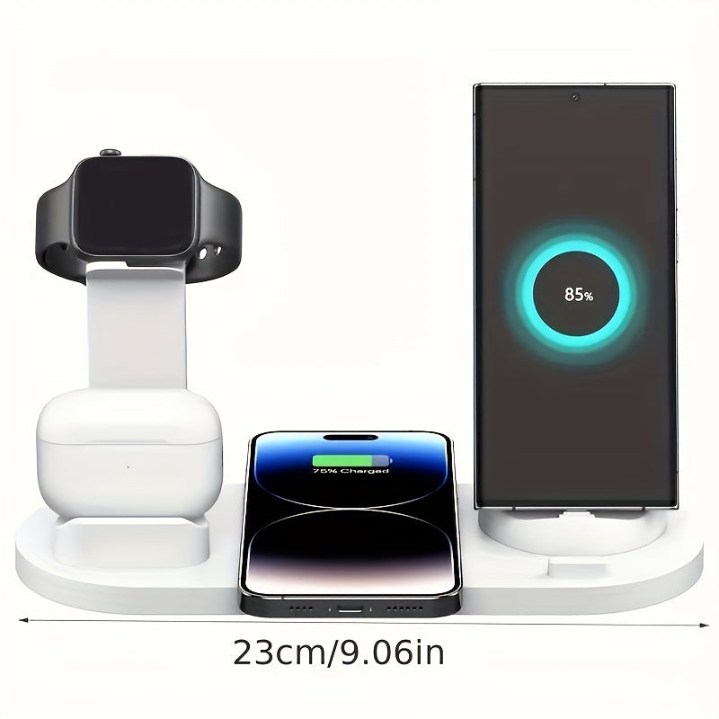 Wireless 3-in-1 charging station for iPhone, AirPods, and Samsung devices, with fast USB Type-C charging.