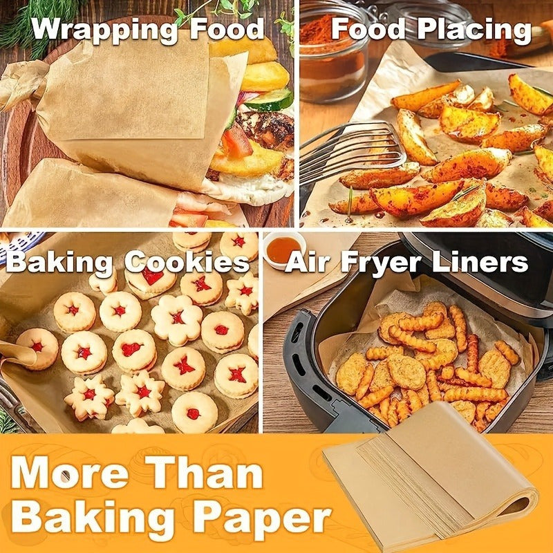 Pre-cut parchment paper sheets for baking, cooking, BBQ, air frying, and steaming. Food grade, oil-proof, multipurpose liner - 19.81X14.99 cm.