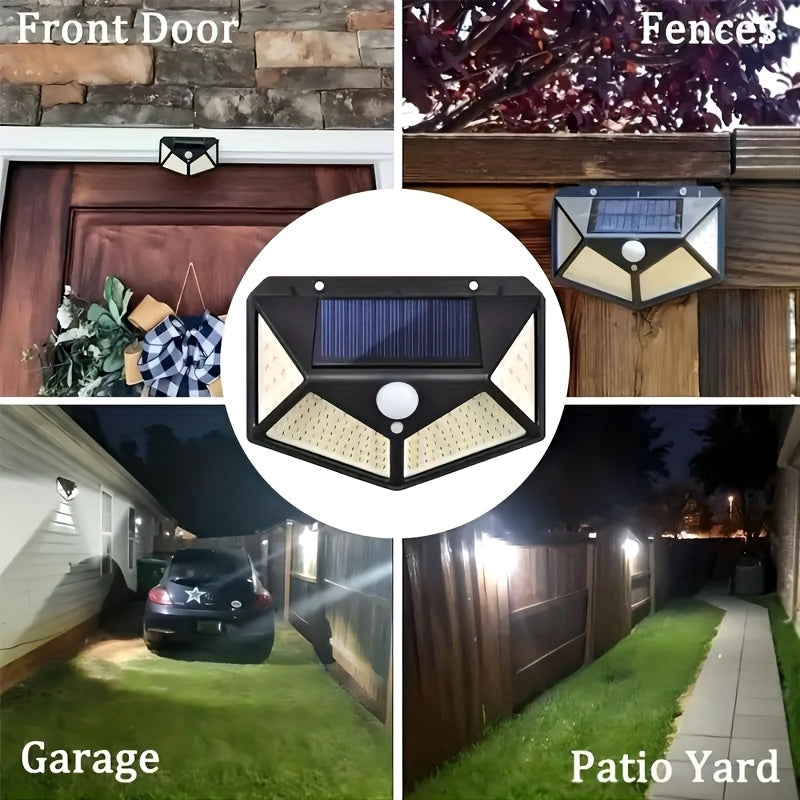 Outdoor security light with 100 LED beads, powered by solar energy and equipped with motion sensor, suitable for garden decoration, garage, and street lighting.