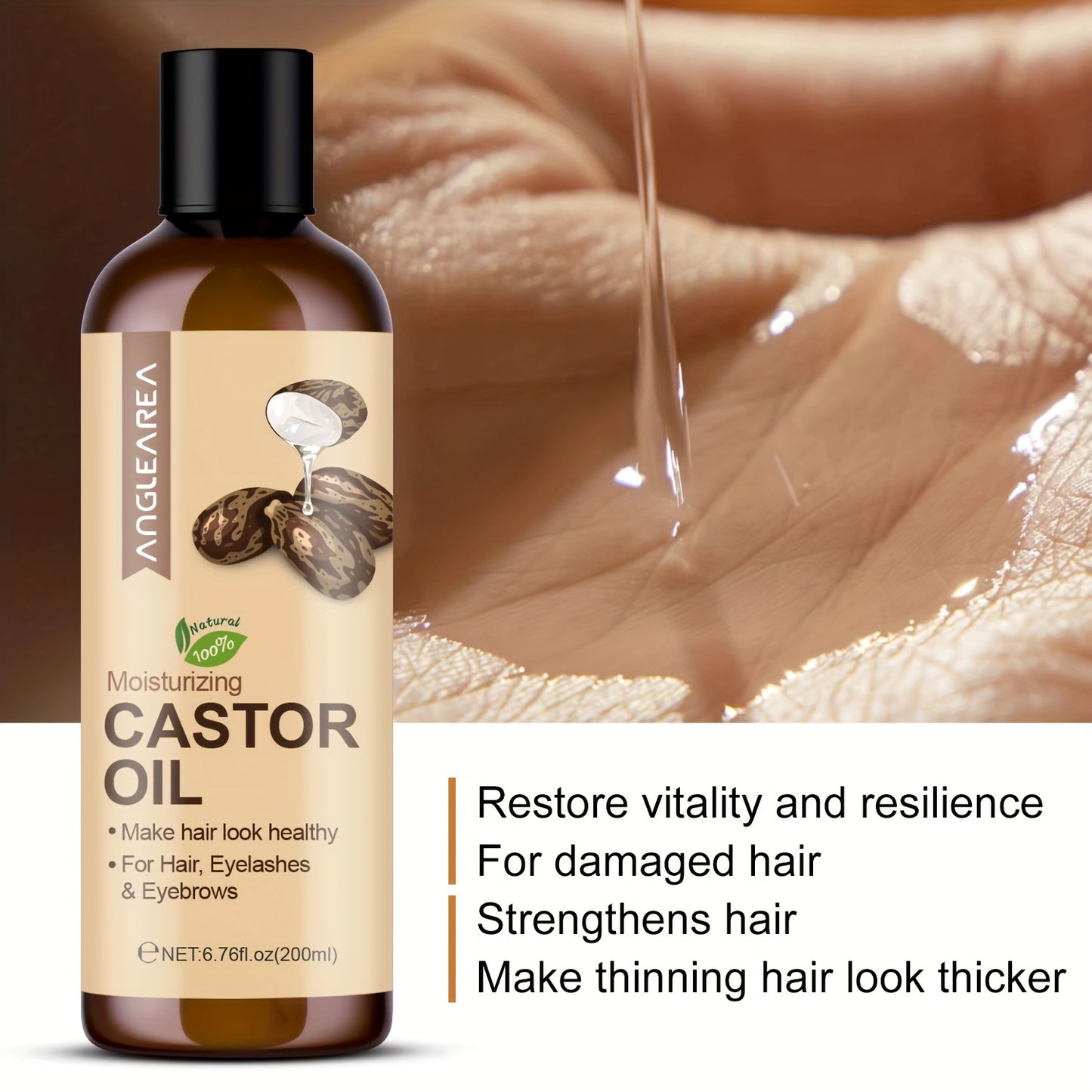 200ml Castor Oil for Hair, Eyelashes, Eyebrows & Skin, Cold-Pressed Unrefined