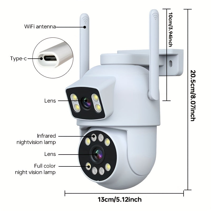 Introducing the ZHXINSD 4MP Dual Lens Wireless Security Camera, featuring 2K 1920p HD resolution, 360° Pan-Tilt Auto Tracking, AI Human Detection, Full Color Night Vision, Two-Way Audio, 2.4G/5G WiFi connectivity, Smartphone App Control, USB Powered