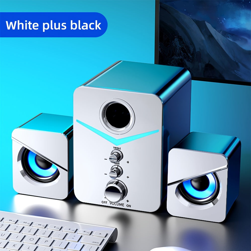 Desktop stereo speaker with LED lighting, compatible with devices with 3.5mm audio output.