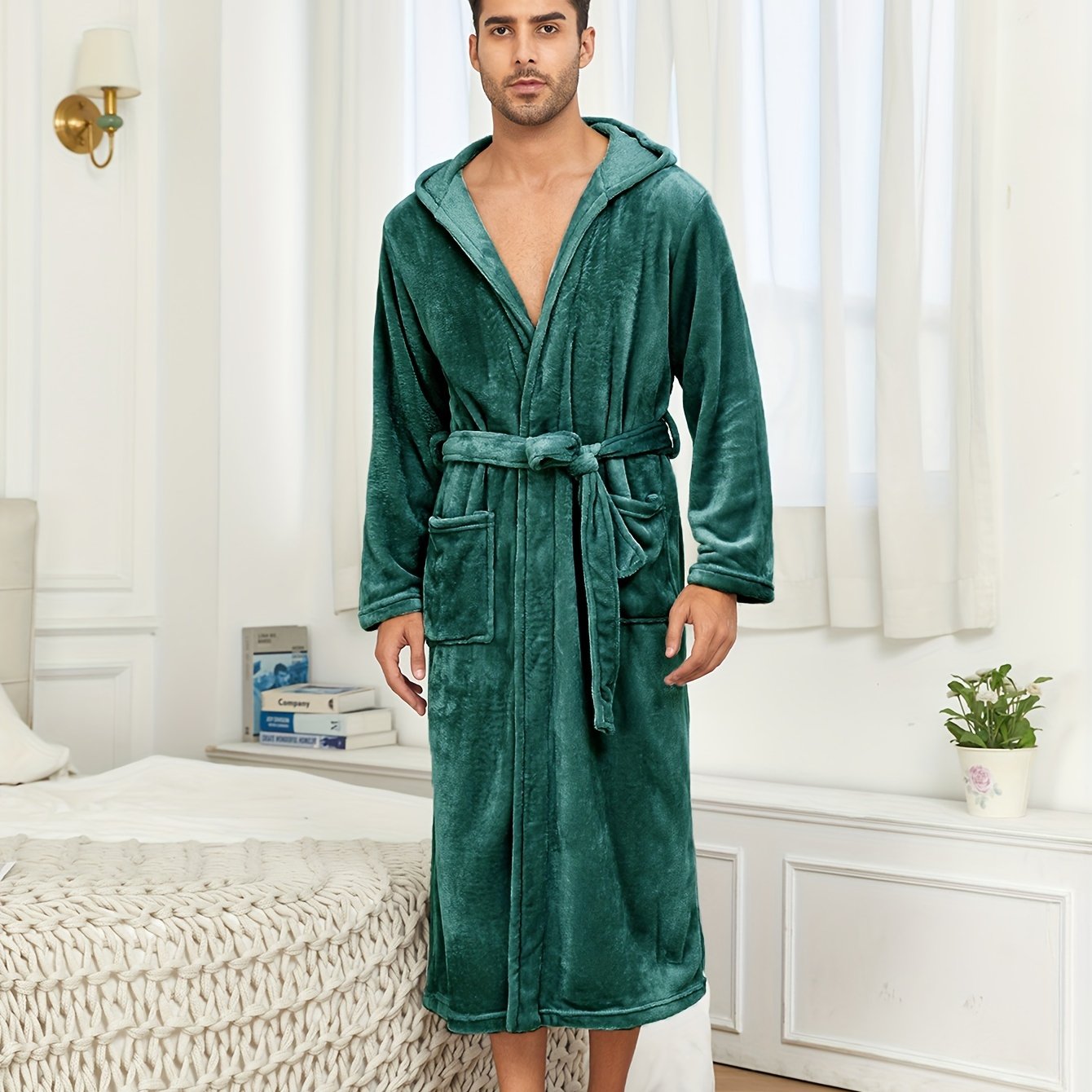 rongtai Men's Plush Fleece Hooded Bathrobe in Green with Side Pockets & Tie Belt, perfect for Autumn/Winter lounging.