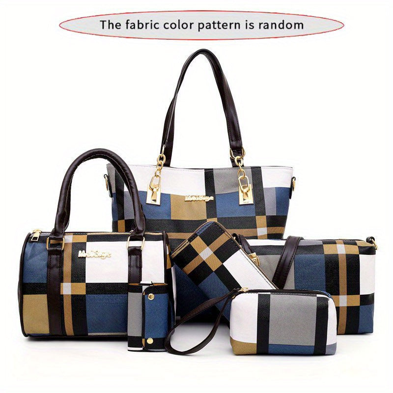 6-piece set of checkered pattern shoulder bags including a handbag, crossbody bag, clutch bag, long wallet, and short wallet.