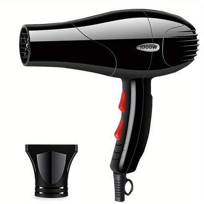 A 1000W hair dryer with a non-foldable handle, European plug, 1.5-3m cord, plastic construction, and nozzle attachment ideal for dorm use.