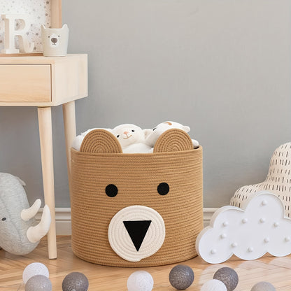 Durable Large Bear-Face Woven Toy Basket in Neutral Brown - Perfect for Clothes & Toy Storage in Nursery and Living Room