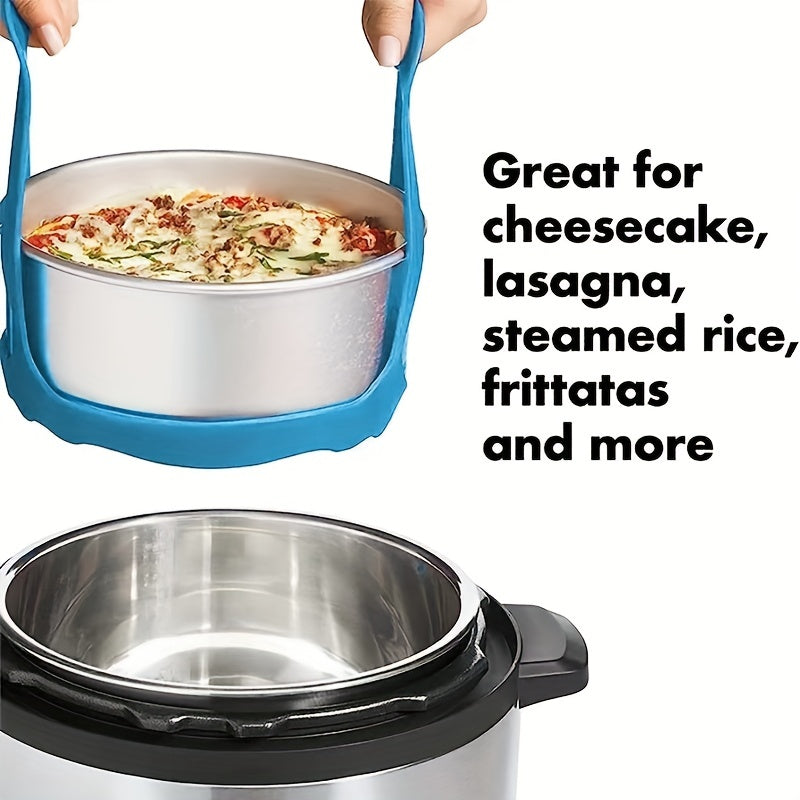 Silicone pressure cooker sling designed for 6 Qt/8 Qt Instant Pot, Ninja Foodi & Multi-Function Cookers. Features non-stick material and anti-scald design for safer lifting and handling of bakeware. Can be used as a steamer rack for cheesecake, lasagna