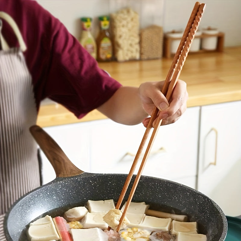 2 long wooden cooking chopsticks, reusable for noodle frying and chafing dishes. Super long kitchen cooking sticks.