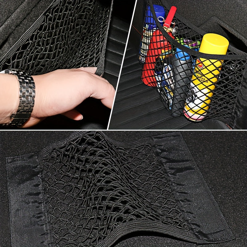 Universal auto organizer with practical storage pockets and elastic mesh trunk seat back.