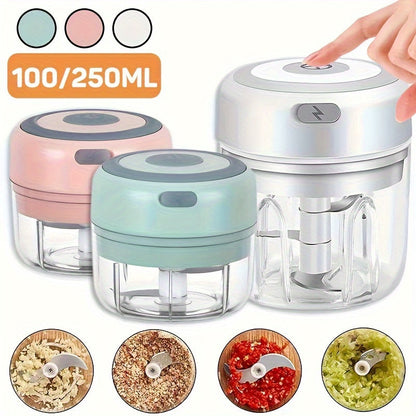 The handheld wireless garlic grinder is a mini electric food chopper with a 250ml capacity. It is portable and rechargeable via USB, made of plastic and suitable for blending fruits, vegetables, onions, nuts, and meat. The chopper operates automatically