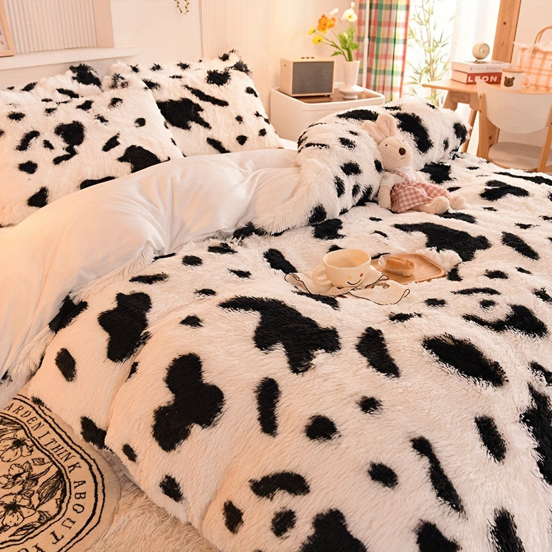 Luxurious Leopard Print Faux Fur Duvet Cover Set featuring 3 pieces, including a fluffy shaggy duvet cover and 2 pillowcases. This ultra-soft and warm set is perfect for adding a touch of elegance to your bedroom decor. (Core not included)