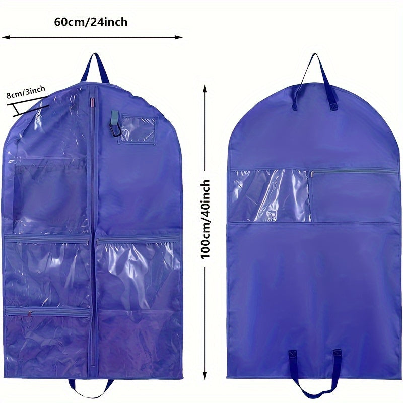 Durable costume dust cover bag with storage pouches, featuring a hanging design for suits and coats. Designed with a window and zipper for easy access, this household organization tool helps save space in the bedroom, bathroom, office, closet, wardrobe