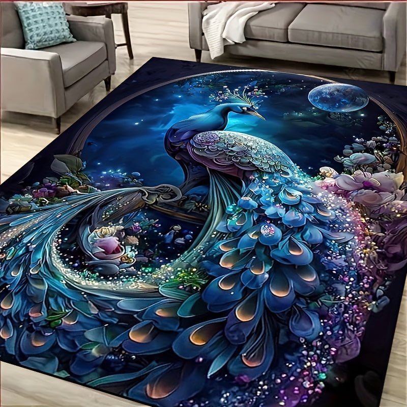 1 piece Vibrant Peacock Pattern Area Rug - Non-Slip, Machine Washable Polyester Rug with Luxurious Crystal Velvet Texture - Ideal for Gaming Rooms, Dorms, Teenage Bedrooms & Halloween Decor, Peacock Theme