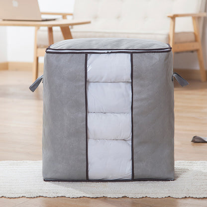 Large capacity storage bag for quilts, household clothes, and RV use. Foldable and non-woven material.