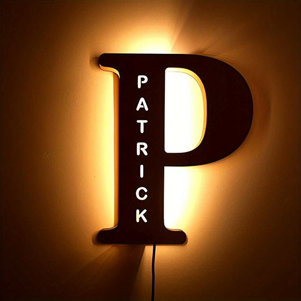 Custom LED letter night light for couples, friends, and family - personalized wooden wall lamp powered by USB. Ideal for bedroom decor with custom uppercase letters.