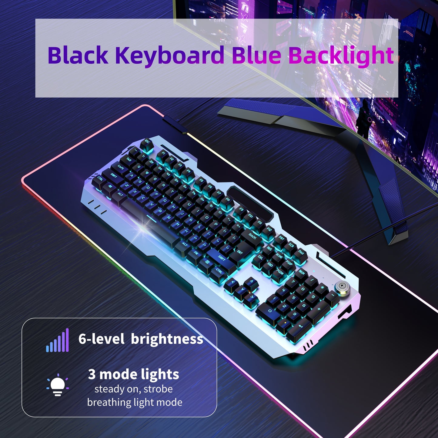 EWEADN Wired Gaming Keyboard with LED Backlit, Silent Design, and Volume Knob, suitable for Desktop & Notebook Computers.